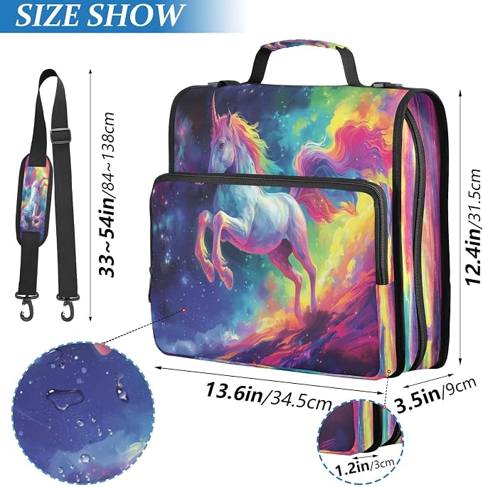 ALAZA Zipper Binder 3 Ring Colorful Unicorn Galaxy Binder Organizer with Zipper and Shoulder Strap Large Capacity Multi-Pocket Trapper Keeper File Folder for Office Supplies