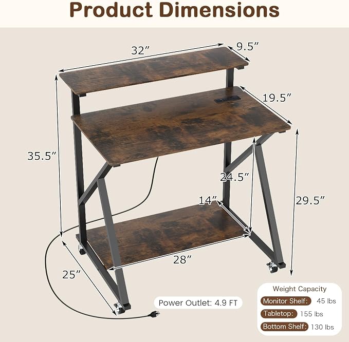 Giantex Rolling Small Desk with Storage, Compact Computer Desk for Small Spaces with Charging Station, Monitor Stand, Lockable Wheels, Study Writing Desk for Home Office, Bedroom (Rustic Brown)