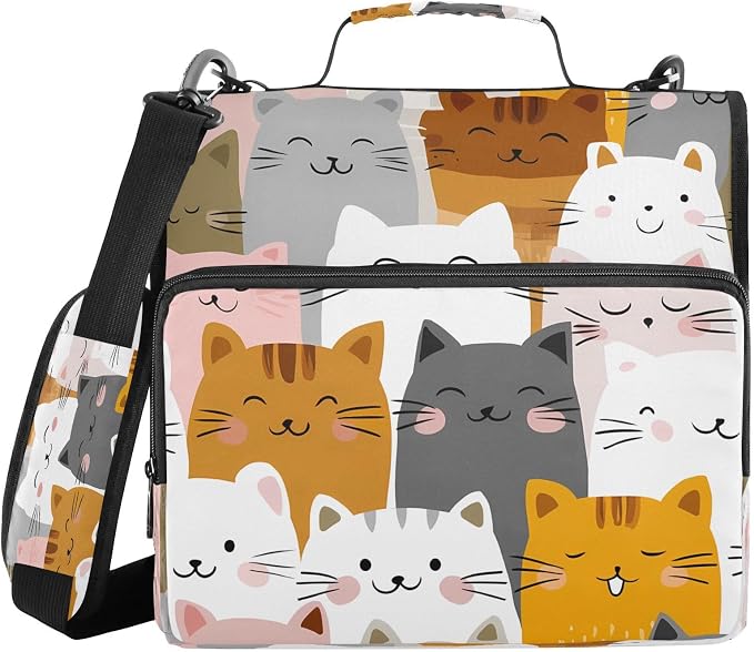 ALAZA Kawaii Cats Zipper Binder 3 Ring Cute Binder Organizer with Zipper and Shoulder Strap Large Capacity Multi-Pocket Trapper Keeper File Folder for Office Supplies