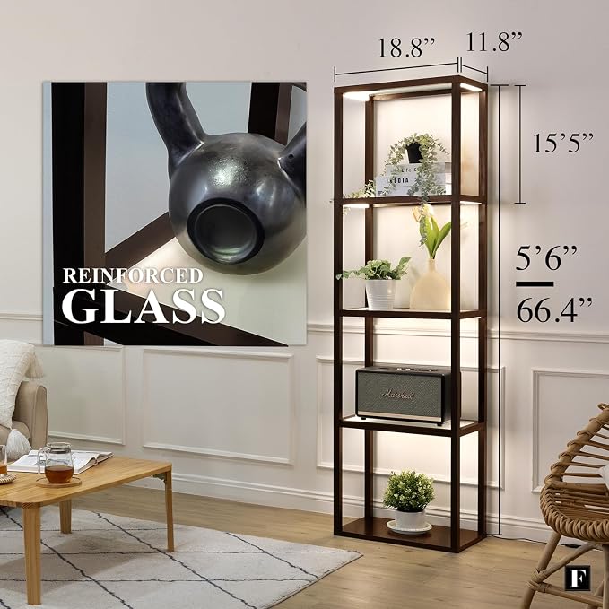 FENLO LED Display Shelf with Lights – Curio Cabinet for Collectibles with Dimmable Lighting, App & Remote Control – 66” Glass Shelf Floor Lamp with Adjustable Color Temps Fantasy Plus Pro