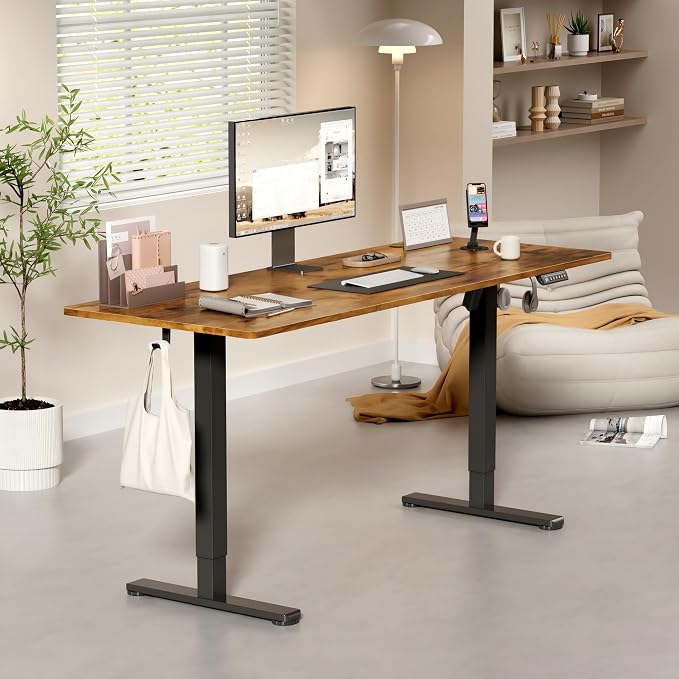 YESHOMY Height Adjustable Electric Standing Desk, 63 x 24 Inches Memory Home Office Sit Stand up Desk with Phone Holder and USB Charging Port, Rustic Brown