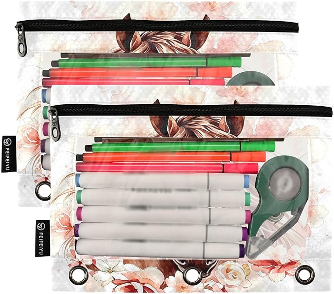Brown Horse Watercolor Flower Pencil Pouch for 3 Ring Binder, 2 Pack Waterproof Pencil Bags Clear Window Pencil Case Zipper School Office Supplies