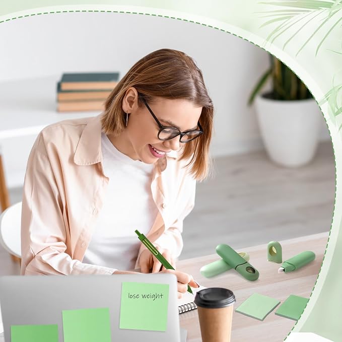 Sayglossy 18 Pcs Aesthetic School Supplies Gradient Green Gifts Set for Student Teacher Sticky Notes Black Ink Pens Correction Tape Stationery Set for Back to School Office Advanced Desk Accessories