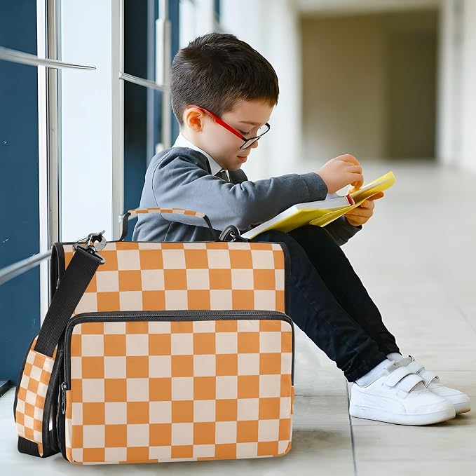 3 Ring Zipper Binder with Shoulder Strap Orange Checkerboard 1.5 inch Binders Keeper Large Capacity Multi Pockets for School Office Supplies