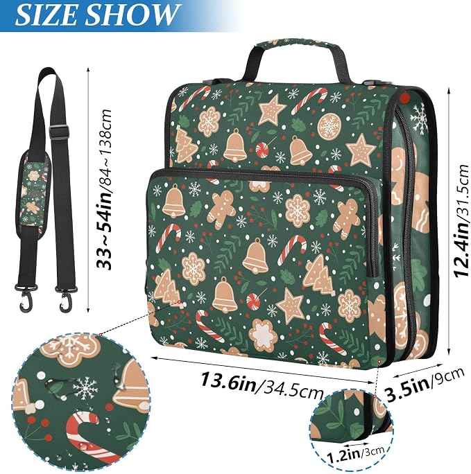 3 Ring Zipper Binder with Shoulder Strap Christmas Gingerbread Snowflakes 1.5 inch Binders Keeper Large Capacity Multi Pockets for School Office Supplies