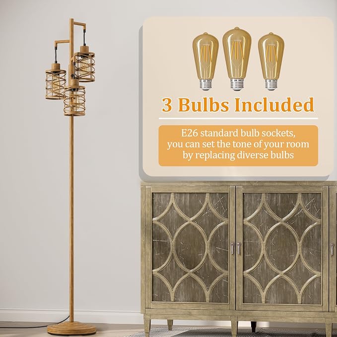 70" Industrial Floor Lamp, Stepless Dimmable Standing Lamp with 3 Bulbs, Farmhouse Corner Standing Tree Lamp for Living Room, Tall Lamps for Bedroom, Office, Study Room, Dining Room, Wood Grain