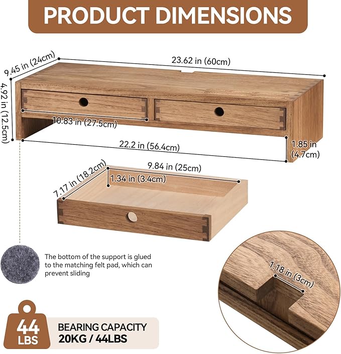 KIRIGEN Solid Wood Monitor Stand with 2 Drawers, Desk Riser, Brown PMJ-DBR | Desktop Organizer with Cable Opening and Pen Slots Stores Office Supplies, Supports Up To 50 Lb and Arrives Fully Assembled