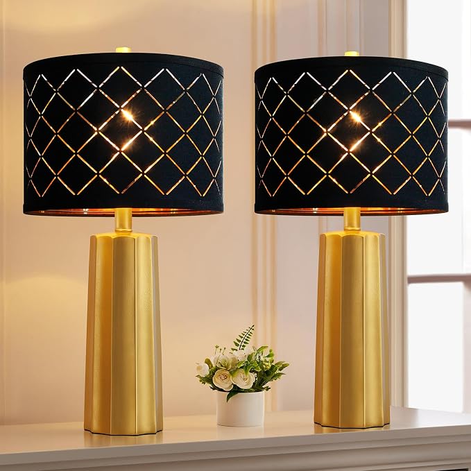 Set of 2 Modern Table Lamps for Living Room Bedroom, Gold Nightstand Resin Lamps with Black Grid Shade, Contemporary Desk Lamps for Bedside End Tables, 2 Bulbs Included (Gold) | Nightstand Resin Lamps with Black Grid Shade, Contemporary Desk Lamps for ...