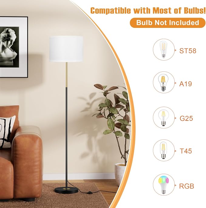 60'' Modern Floor Lamp with Shade, Tall Lamps for Living Room, Bedroom, Office, Dining Room, Gold & Black Lamp Pole(Without Bulb)