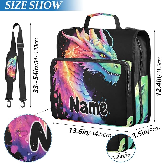 Custom Lightning Dragon Watercolor 3 Ring Binder Bag 1.5 inch Personalized Name Binder Organizer 500 Sheet Documents Storage for School Office