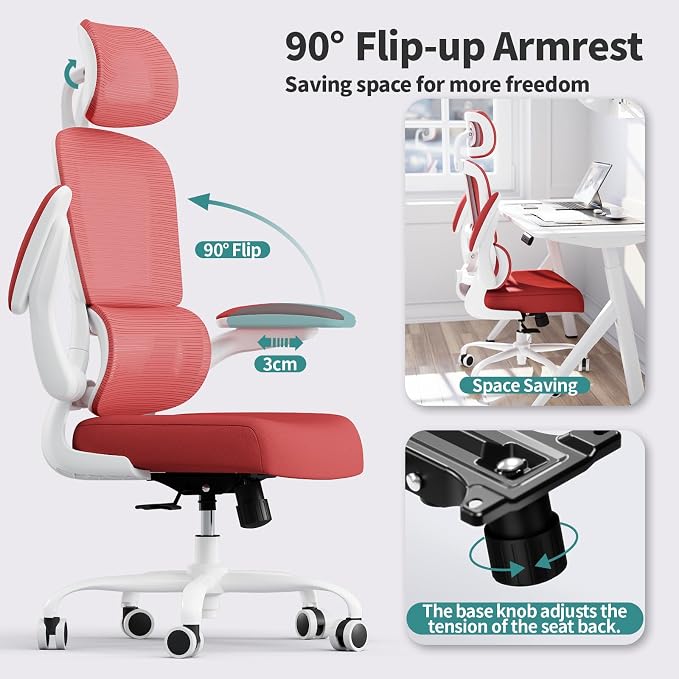TRALT Office Chair Ergonomic Desk Chair - Gaming Chair with Lumbar Support | 330 LBS Home Office Desk Chairs with Headrest, Reading Chair with Flip-up Armrests, Comfortable Computer Chairs (1, Red)