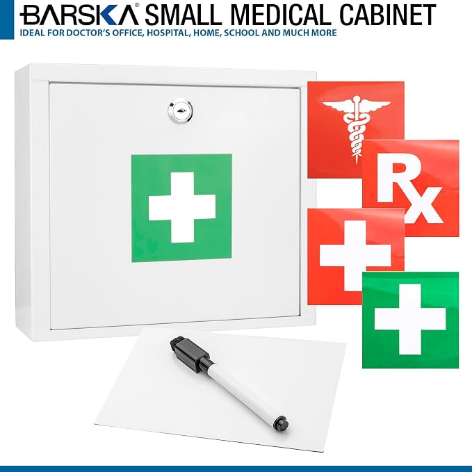 Barska Wall Mount Medical Security Cabinet – Compact Locking Medicine Box with Key Lock, Magnetic Erase Pad, Shelf & Pre-Drilled Mounting Holes - Medicine cabinet organizer - Medicine Storage Glass