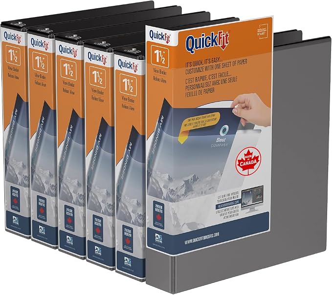 QuickFit View Binder, 3-Ring Binder for School or Office, D Ring, Black, 6 Pack, 1.5 Inch
