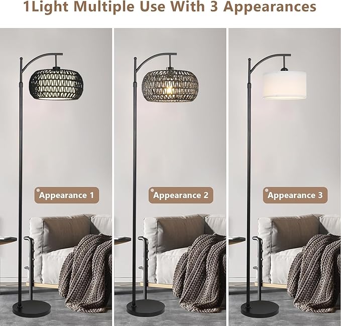 ZECOXOL Arc Floor Lamp with 3 Color Temperatures,Black Floor Lamp with Remote Control, Boho Standing Lamp with Rattan Wicker Shades, Farmhouse Tall Pole Lamp for Living Room Bedroom