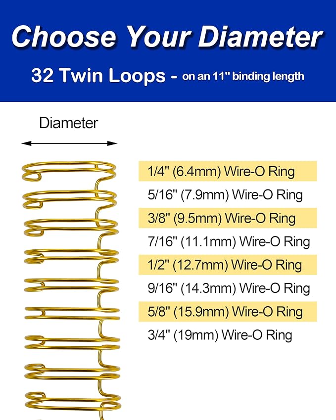 Rayson Wire Binding Spines, 3/8" 3:1 Pitch, 32-Loop, Multicolor, 100 Pack | Available in black, gold, blue, white and silver; choose from multiple size options for 3:1 pitch binders.