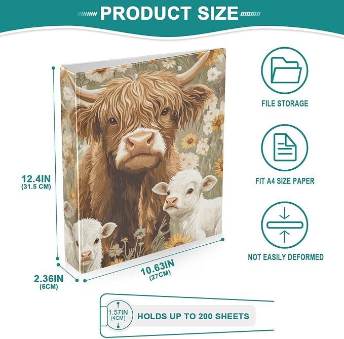 Highland Cow Sheep Decorative 3 Ring Binder 1.5 Inch Large View Binders with Pockets Holds 200 Sheets File Organizer for Office College School, 1 Pack