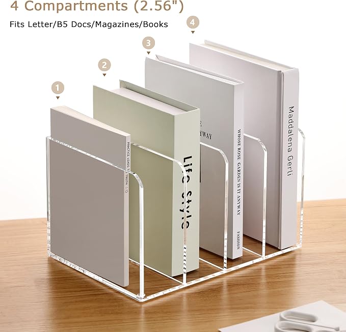 YUXUN Clear Acrylic Magazine File Holder, 4 Compartment Desk Organizer | Desk Organizer for Documents, Tablets, Magazines, Books & Accessories, Ideal for Office, Home & Classroom