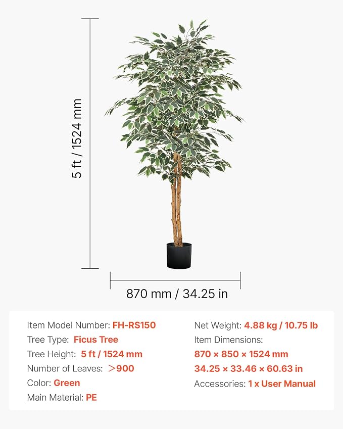 VEVOR 5FT Artificial Ficus Tree with Black Pot, Tall Faux Ficus Plant with Natural Wood Trunk and Realistic Green Leaves, Indoor Fake Silk Tree for Home, Office, Living Room, or Corner Décor