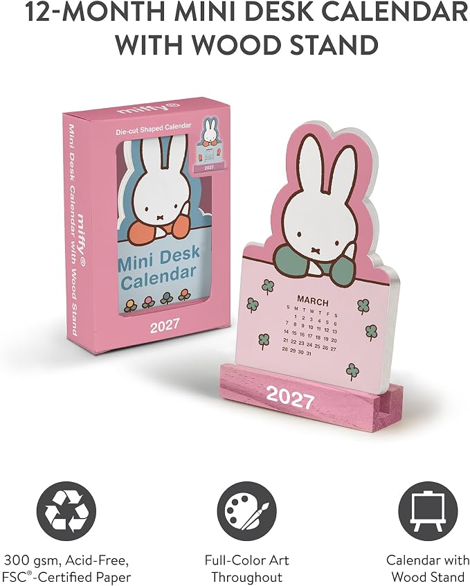 Orange Circle Studio 2027 Miffy A Year in Color Mini Desk Calendar with Wooden Stand, 12-Month Small Desktop Calendar, Full-Color Monthly Layouts, 300 GSM FSC-Certified Paper, Office Desk Décor