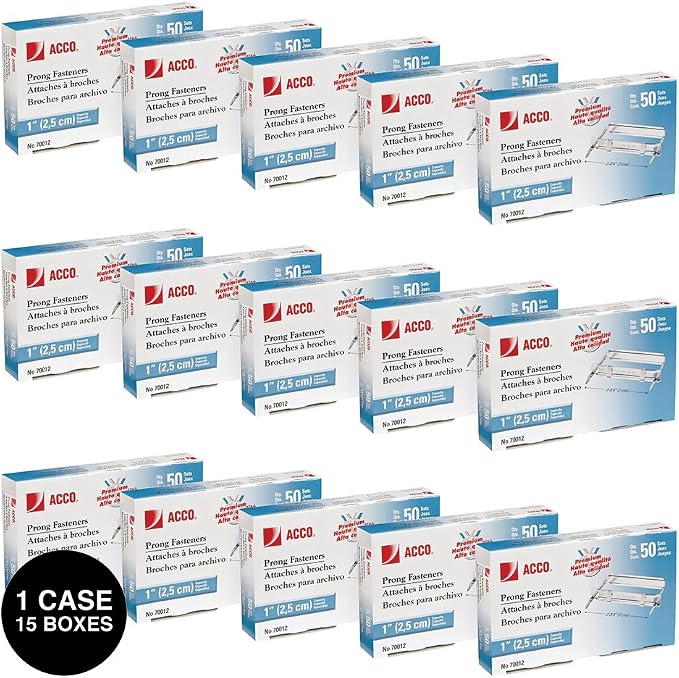ACCO Prong Fastener Sets, Premium, for Standard 2-Hole Punch, 1" Capacity, 1 Case, 15 Boxes/Case, 50 Sets/Box (A7070012CS)