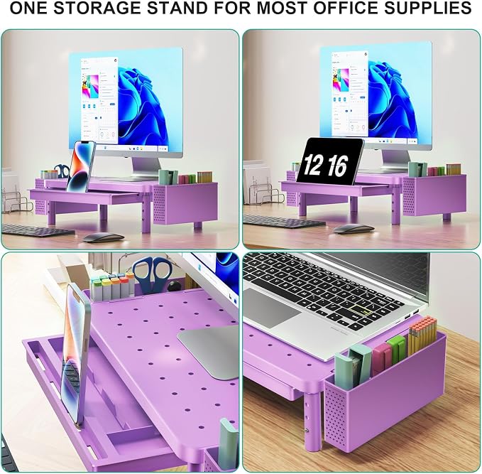 WALI Computer Monitor Stand with Storage, Desk Organizer with Drawer and Pen Holder, Desk Monitor Riser 3 Height Adjustable, Laptop Riser for Laptop, Printer (PTT003-V), 1 Pack, Violet