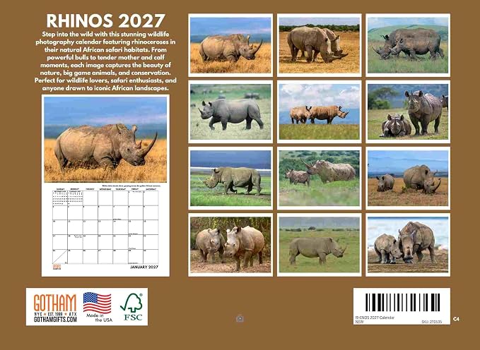 Rhino Calendar 2027 Rhinoceros Monthly Wall Calender 12 Month
