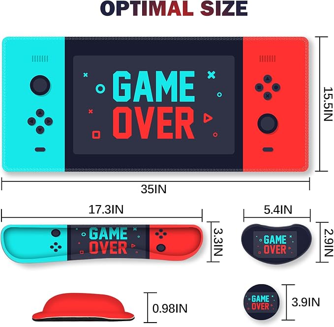 Large Gaming Mouse Pad, Keyboard Wrist Rest Pad & Wrist Support Mousepad Set, Stitched Edge, Extended, Non-Slip Base, Memory Foam Desk Mat, Green Red Game Console