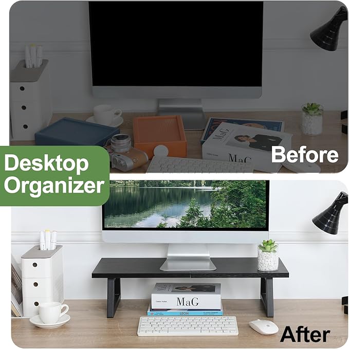 TEAMIX 24 inch Monitor Riser for Desk, Wood & Steel Computer/TV Stand Black | Laptop, PC, Printer Stand Riser, Holds 150lbs, Desktop Organizer, Keyboard Storage, for Office, Home, Gaming, Craft Space