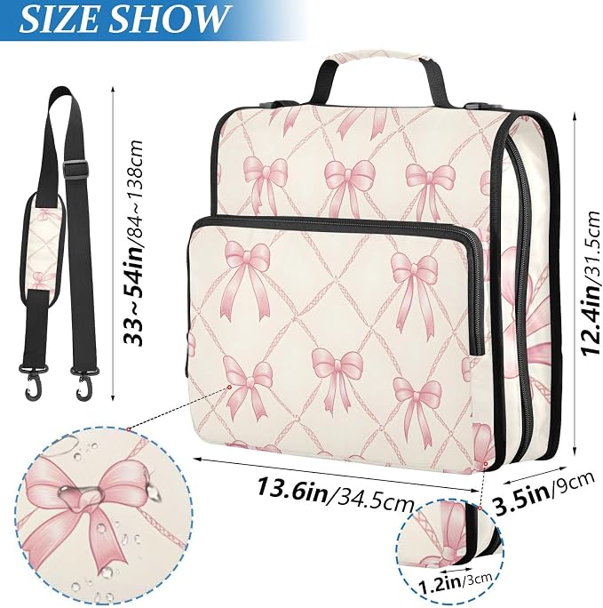 Pink Bow Rhombus Plaid Pattern Zipper Binder 3 Ring Binder with Shoulder Strap 500 Sheet Capacity Storage Organizer File Folder