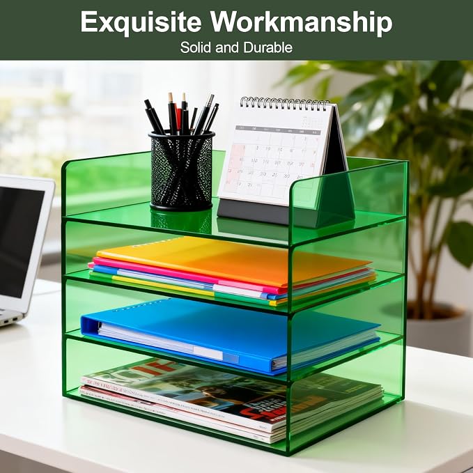 Gelite Acrylic File Organizer for Desk 4 Tiered Stackable Letter Tray Office Paper Storage Desktop Document Sorter, Emerald Green
