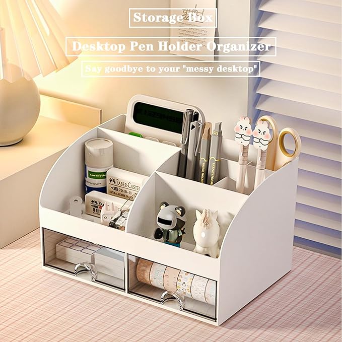 COMFYROOM Desk Organizer with 6 Compartments and 2 Drawers, Plastic Makeup Organizer, Pen Holder for Desktop Storage, Desk Organization for School, Home, Office Supplies (White-2Pack)