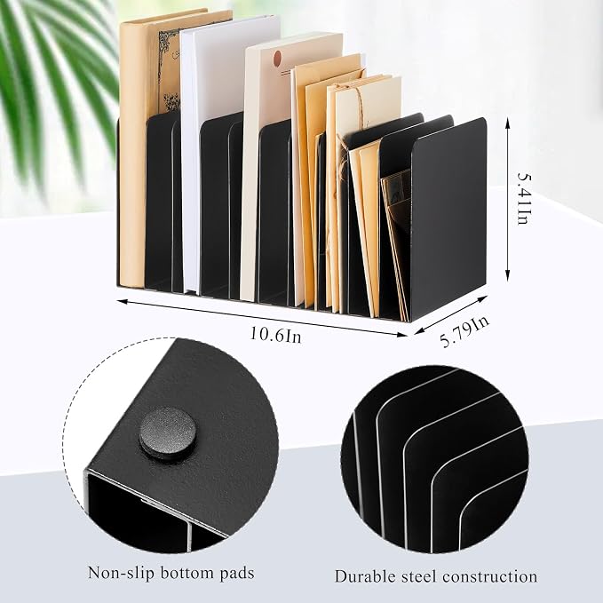 Suzile Metal Desk File Organizer 10 Compartments Metal Desktop Organizer File Sorter Office Organization File Holder for Home Classroom, Vertical File Organizer, 10.63 L X 5.79 W X 5.41 H