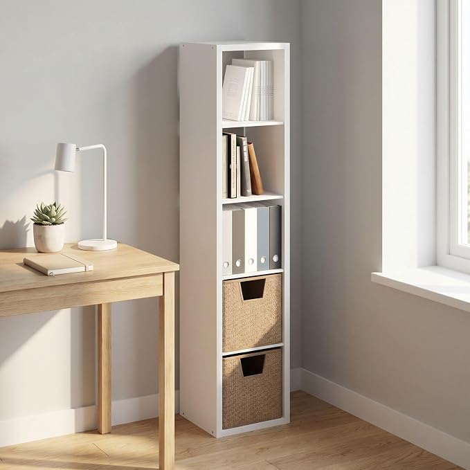 Furinno Cubicle Book Shelf, 5-Cube Bookshelf, Extra Thick Frame Horizontally & Vertically Reversible Bookcase with Open Back, 14.6 x 15.9 x 72, for Living Room, Bedroom, Home Office, Plain White