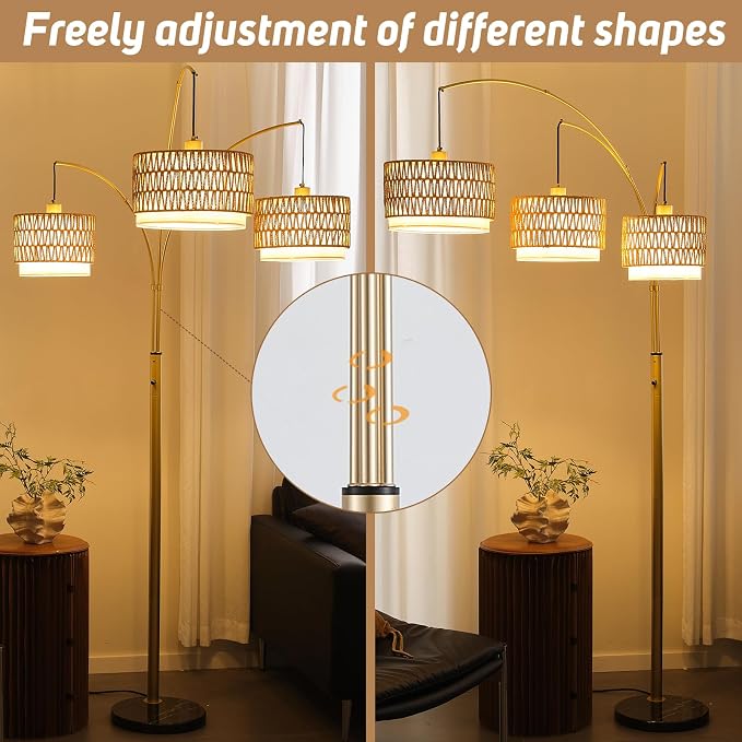 80'' Gold Rattan Arc Floor Lamp for Living Room, 3-Light Boho Tree Lamp | Heavy Natural Marble Base, 1/2/3-Light Rotary Switch,Double-layer Wicker/Fabric Shades for Reading Corners,8 ft+ Ceilings