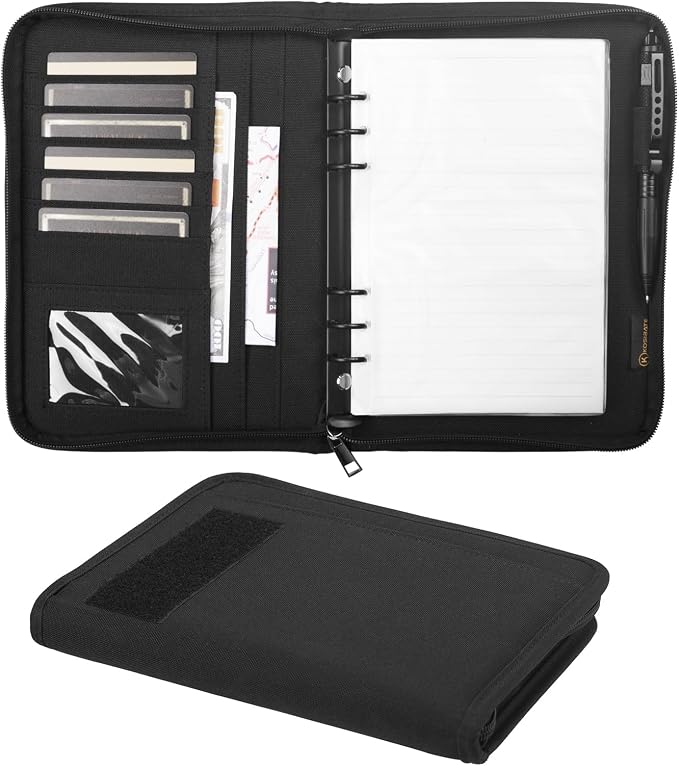 Kosibate Tactical Notebook Padfolio Ring Binder with 80 Sheets, Tactical Binder Zippered for Folders, Cards Refillable 6-Ring Notepad,Army Military Waterproof Notebook Cover(Black,7.3"x10.1")