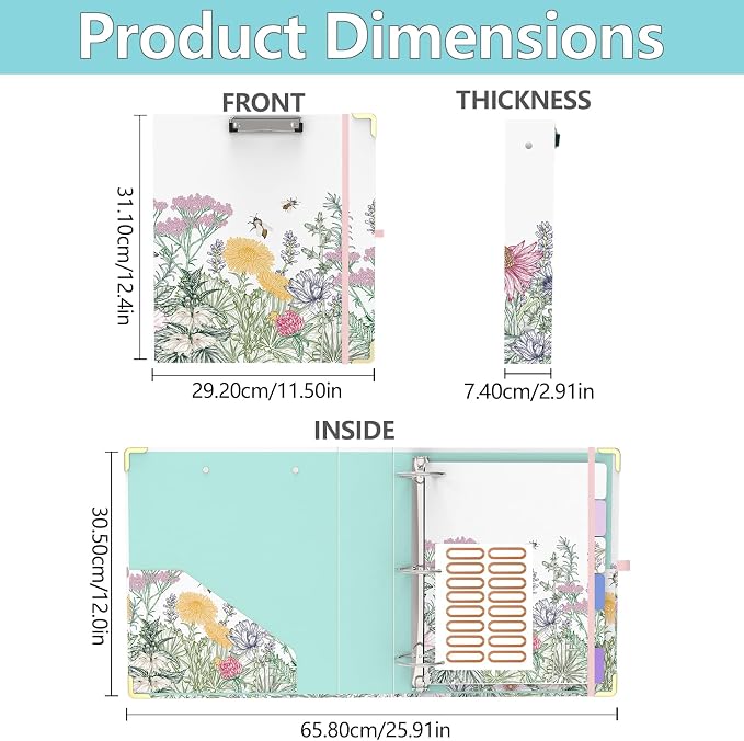 3 Ring Binder 2 Inch, Round Ring Binders with 6 Tab Dividers, 2 Interior Storage Pockets, Cute Low Profile Clipboard, Fashion School Office Supplies, Folders Organizer, Portfolio (Wild Flowers)