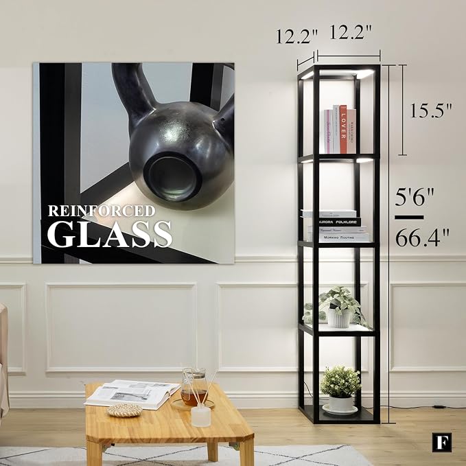 FENLO Fantasy Pro - 66" Glass Dimmable LED Floor Lamp with Shelves for Bedroom, Tempered Glass Display Shelf Lamp for Living Room, Open Display Stand for Business, Long Lasting LED, Unique Home Decor