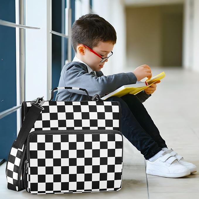 Black White Checkered Pattern 3 Ring Binder Bag 1.5 inch Binder Organizer with Zipper Shoulder Strap 500 Sheet Documents Storage for School Office
