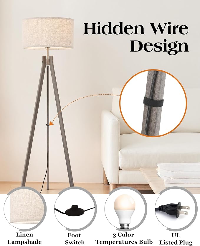 ELYONA Farmhouse Wood Tripod Floor Lamp, Modern Reading Standing Lamp with 3 Color Temperatures LED Blub & Nature Linen Shade, Night Light for Living Room, Bedroom, Study Room, Office, Grey
