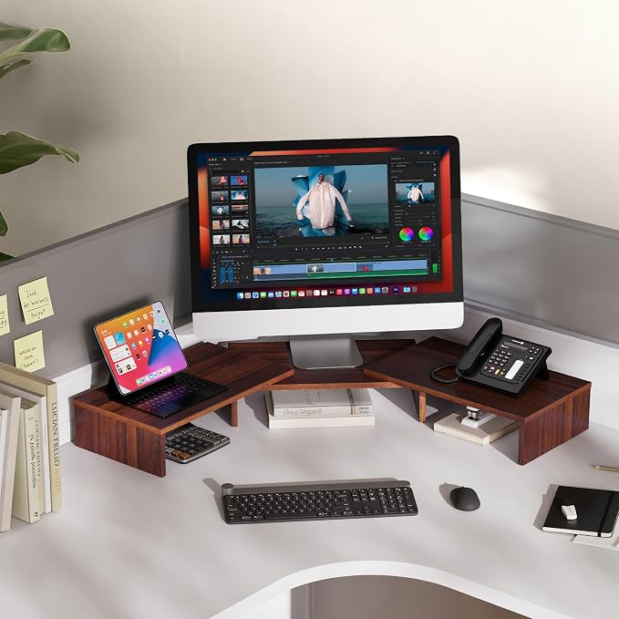 FITUEYES Dual Monitor Stand Riser, Adjustable Length and Angle, Brown | Wooden 3-Shelf Design, Supports up to 55lbs, Flexible for Standard Corner Space, Holds Monitor, Laptop, Phone, Printer