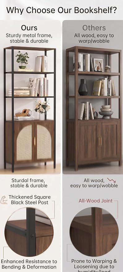 71" Tall Rattan Bookcase with LED Light, 3 Open Shelves & 2 Door Storage Cabinet, Mid Century Boho Bookshelf, Open Display Bookcase for Living Room, Home Office, Bedroom
