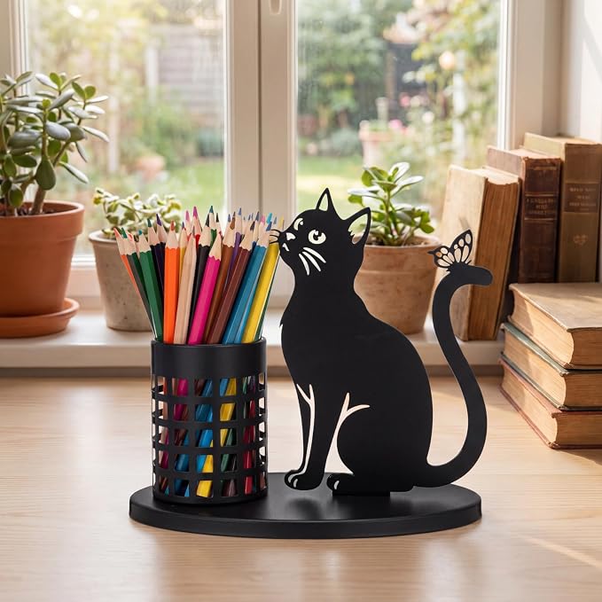 Tandefio Cat Pen Holder for Desk Cute Black Pencil Holder Metal Desk Accessories Organizer Makeup Brush Pen Cups for Back to School Stationery Office Home Decor Table Centerpiece Lover Gifts Women