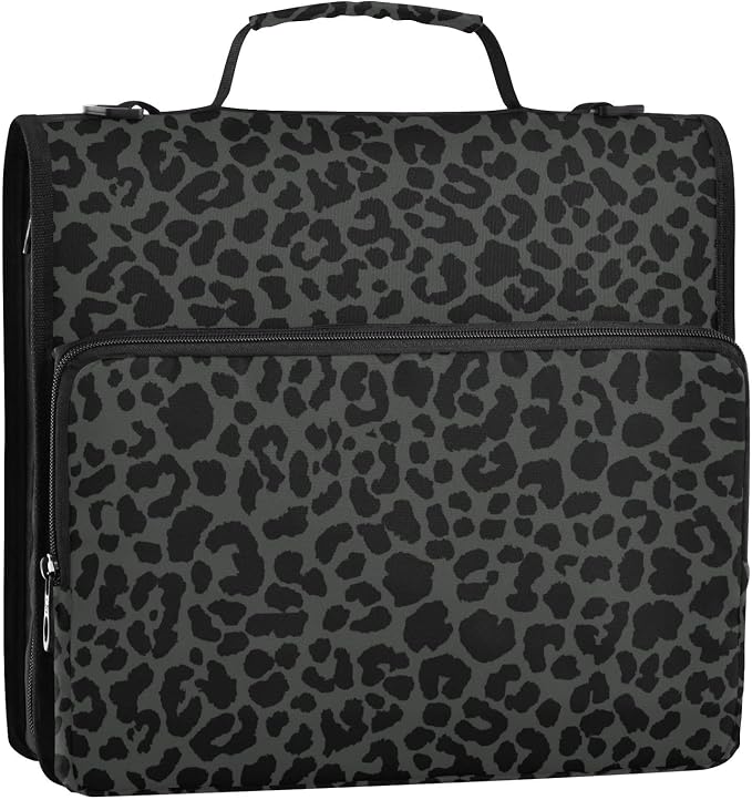 ALAZA Zipper Binder 3 Ring Dark Gray Leopard Cheetah Print Binder Organizer with Zipper and Shoulder Strap Large Capacity Multi-Pocket Trapper Keeper File Folder for Office Supplies