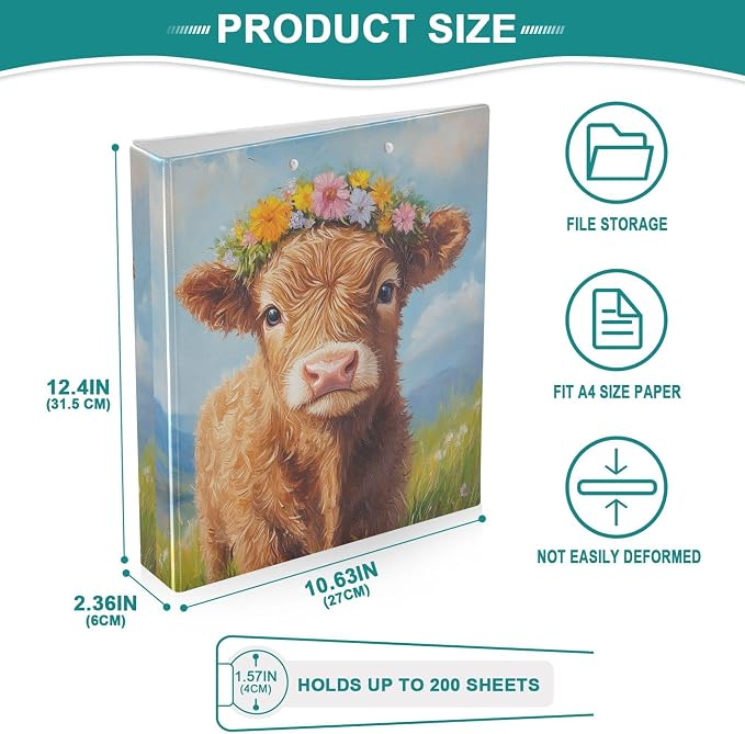 Highland Cow Round Ring Binders 1.5 Inch Cowboy Flower 3 Ring Clipboard Binder for Office School Work Supplies File Folder Document 200 Sheet Capacity Easy Open 2 Pieces
