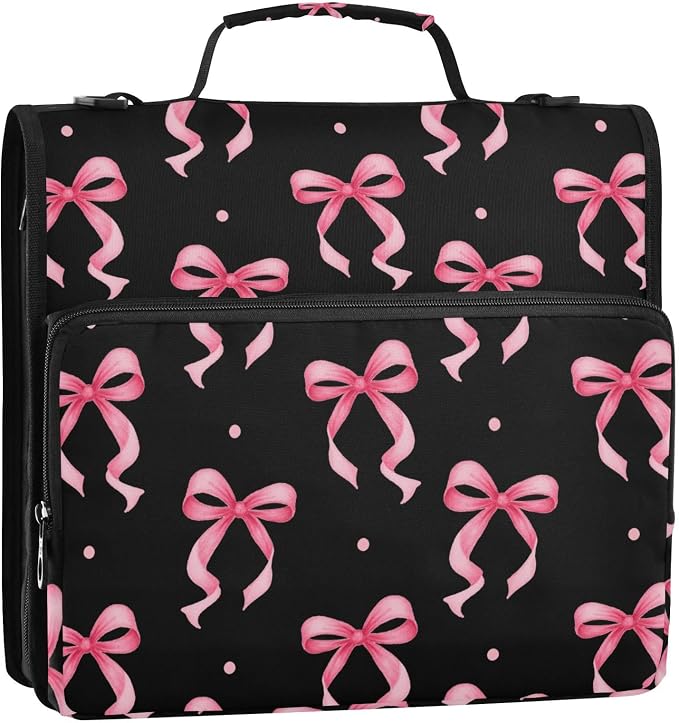 3 D-Ring Zipper Binder Bag, Pink Ribbon Bow Dots Black Pattern Removable Binder with Zipper Case Hold 300+ Sheets& 13 Inch Laptop for School Office Supplies Organizer