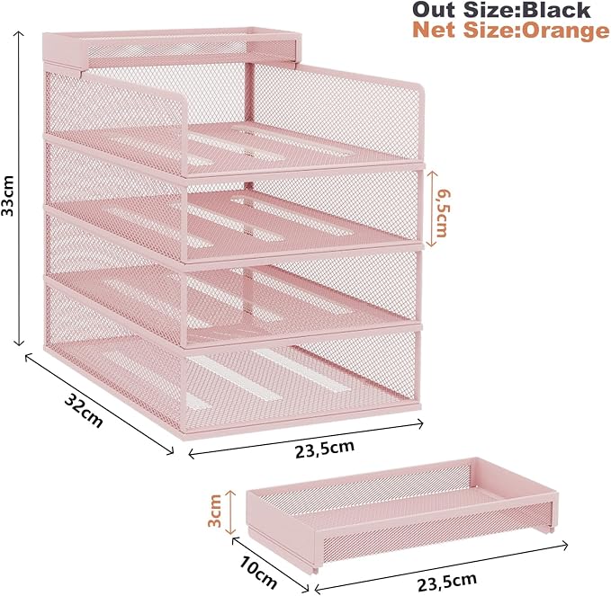 Natwind 4-Tier Stackable Metal Mesh Letter Paper Tray Organizer,Pink | Desk Organizer For Paper,Document,Mail Tray For Office Supplies,File Holder For Home Office School Classroom Organization