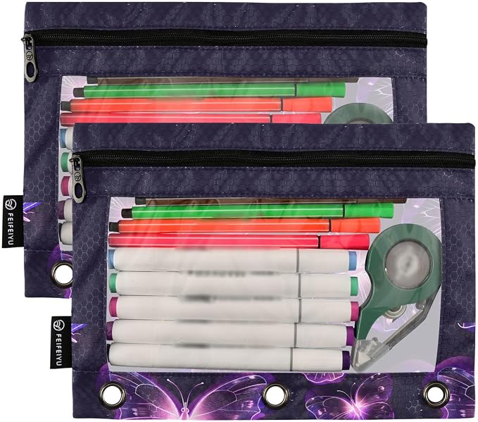 Custom Butterflies Purple Neon Pencil Pouch for 3 Ring Binder, 2 Pack Personalized Name Waterproof Pencil Bags Clear Window Pencil Case School Office Supplies