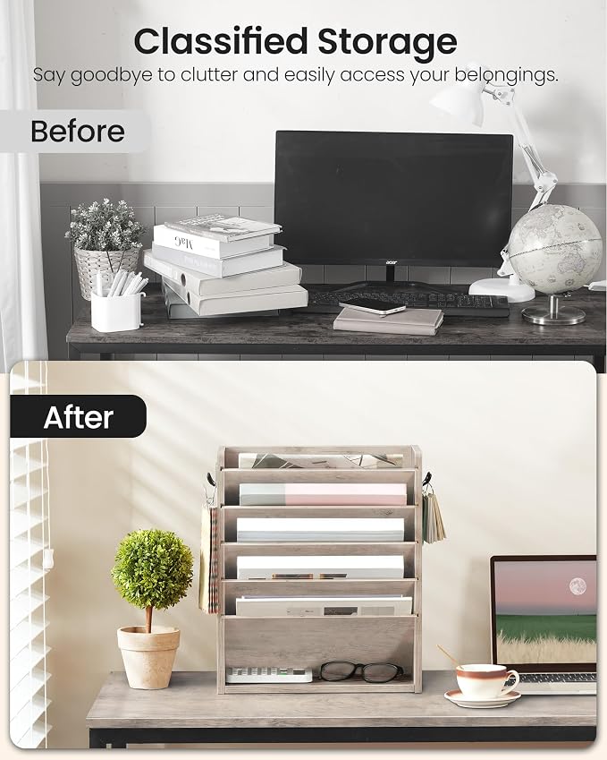 Wall File Organizer, 6-Tier Vertical Mount Hanging Holder with 2 Side Hooks, Modern Wooden Magazine Storage Holder with Bottom Tray, Desk Organizer, for Office, Home, Greige MWJ01FH