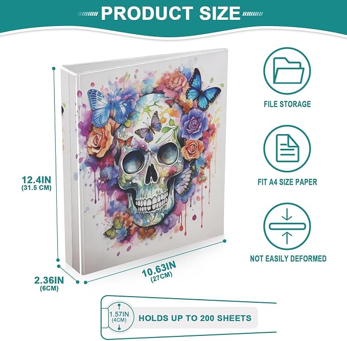 Custom 3 Ring Binder Skull Flowers Butterflies 1.5" Round Ring Binders Personalized Name View Binder with 200 Sheet for Women Men Office Kids School Supplies, 1 Pack