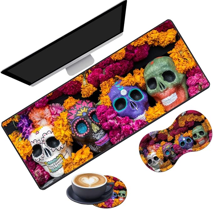 Extended Gaming Mouse Pad Desk Pad Keyboard Pad, Mouse Wrist Rest and Coaster, Anti-Slip Rubber Base Mouse Pad, Suitable for Gaming and Office, Candy Skull